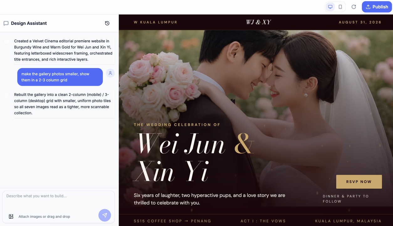 Convya builder: a chat panel on the left, the couple's wedding site previewing on the right