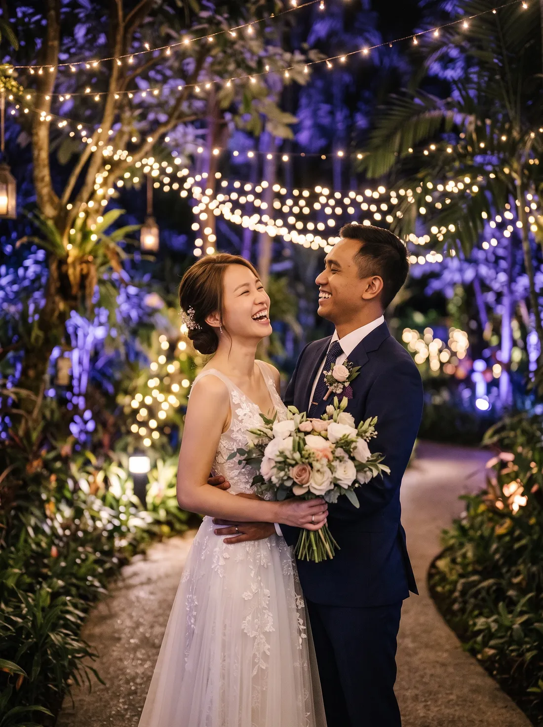 Arif and Lin among the garden lights